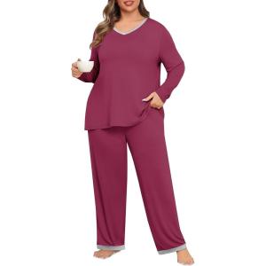 imagePOSESHE Womens Plus Size Pajama Sets Soft Pjs Long Pants Summer Lounge Sleepwear Pajama SetsWine Red