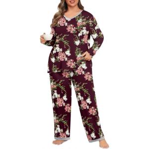 imagePOSESHE Womens Plus Size Pajama Sets Soft Pjs Long Pants Summer Lounge Sleepwear Pajama SetsWine Red Floral