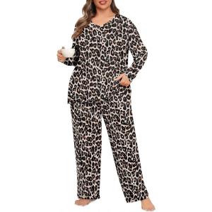 image:imagePOSESHE Womens Plus Size Pajama Sets Soft Pjs Long Pants Summer Lounge Sleepwear Pajama SetsLeopard Dot