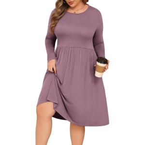 image:imagePOSESHE Womens Plus Size Dresses Long Sleeves Crew Neck Casual Dresses Empire Waist Loose Flowy Dress with PocketsBean Red