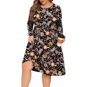 image:imagePOSESHE Womens Plus Size Dresses Long Sleeves Crew Neck Casual Dresses Empire Waist Loose Flowy Dress with PocketsBlack Colorful Fl