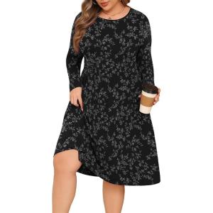 image:imagePOSESHE Womens Plus Size Dresses Long Sleeves Crew Neck Casual Dresses Empire Waist Loose Flowy Dress with PocketsBlack D Floral