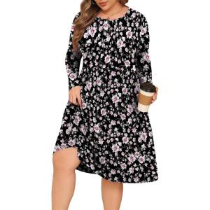 image:imagePOSESHE Womens Plus Size Dresses Long Sleeves Crew Neck Casual Dresses Empire Waist Loose Flowy Dress with PocketsBlack Pink Floral