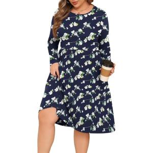 image:imagePOSESHE Womens Plus Size Dresses Long Sleeves Crew Neck Casual Dresses Empire Waist Loose Flowy Dress with PocketsBlue Begonia