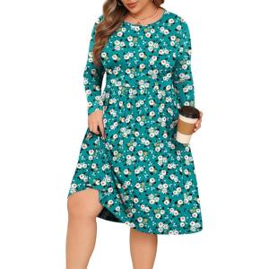 image:imagePOSESHE Womens Plus Size Dresses Long Sleeves Crew Neck Casual Dresses Empire Waist Loose Flowy Dress with PocketsBlue Chrysanthemum