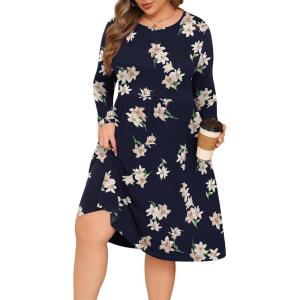 image:imagePOSESHE Womens Plus Size Dresses Long Sleeves Crew Neck Casual Dresses Empire Waist Loose Flowy Dress with PocketsBlue Lily