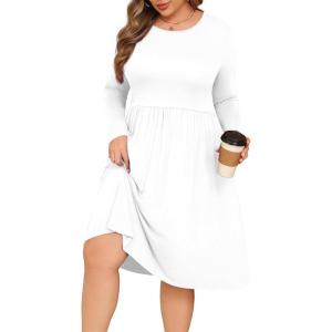 image:imagePOSESHE Womens Plus Size Dresses Long Sleeves Crew Neck Casual Dresses Empire Waist Loose Flowy Dress with PocketsC12white