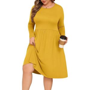 image:imagePOSESHE Womens Plus Size Dresses Long Sleeves Crew Neck Casual Dresses Empire Waist Loose Flowy Dress with PocketsC13yellow