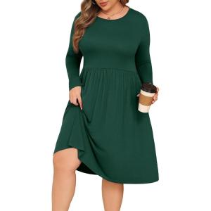 image:imagePOSESHE Womens Plus Size Dresses Long Sleeves Crew Neck Casual Dresses Empire Waist Loose Flowy Dress with PocketsC14dark Green