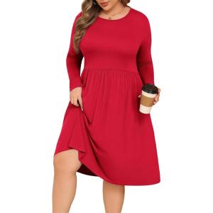 image:imagePOSESHE Womens Plus Size Dresses Long Sleeves Crew Neck Casual Dresses Empire Waist Loose Flowy Dress with PocketsC15red