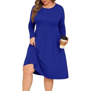 image:imagePOSESHE Womens Plus Size Dresses Long Sleeves Crew Neck Casual Dresses Empire Waist Loose Flowy Dress with PocketsC4royal Blue
