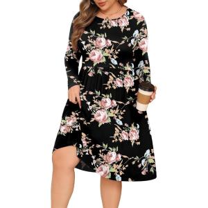 image:imagePOSESHE Womens Plus Size Dresses Long Sleeves Crew Neck Casual Dresses Empire Waist Loose Flowy Dress with PocketsC8rose Black