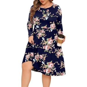 image:imagePOSESHE Womens Plus Size Dresses Long Sleeves Crew Neck Casual Dresses Empire Waist Loose Flowy Dress with PocketsC9rose Navy Blue