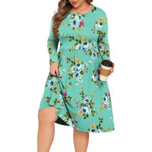 image:imagePOSESHE Womens Plus Size Dresses Long Sleeves Crew Neck Casual Dresses Empire Waist Loose Flowy Dress with PocketsGreen Floral
