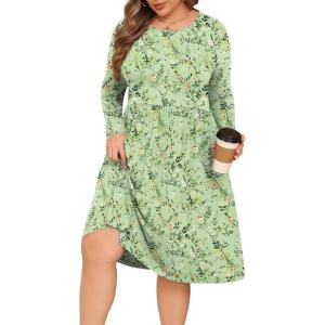 image:imagePOSESHE Womens Plus Size Dresses Long Sleeves Crew Neck Casual Dresses Empire Waist Loose Flowy Dress with PocketsGreen W Floral