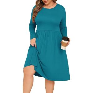 image:imagePOSESHE Womens Plus Size Dresses Long Sleeves Crew Neck Casual Dresses Empire Waist Loose Flowy Dress with PocketsGrey Blue