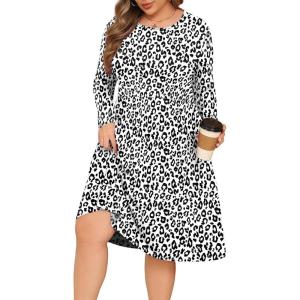 image:imagePOSESHE Womens Plus Size Dresses Long Sleeves Crew Neck Casual Dresses Empire Waist Loose Flowy Dress with PocketsLeopard White