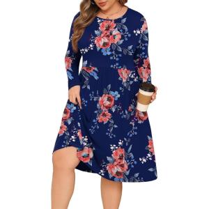 image:imagePOSESHE Womens Plus Size Dresses Long Sleeves Crew Neck Casual Dresses Empire Waist Loose Flowy Dress with PocketsNavy Blue Floral