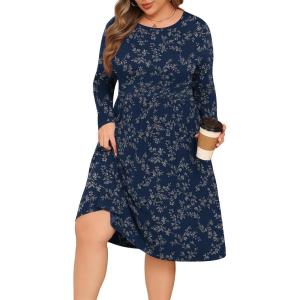 image:imagePOSESHE Womens Plus Size Dresses Long Sleeves Crew Neck Casual Dresses Empire Waist Loose Flowy Dress with PocketsNavy D Floral