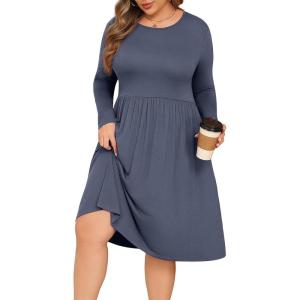 image:imagePOSESHE Womens Plus Size Dresses Long Sleeves Crew Neck Casual Dresses Empire Waist Loose Flowy Dress with PocketsPurple Grey