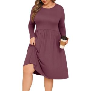 image:imagePOSESHE Womens Plus Size Dresses Long Sleeves Crew Neck Casual Dresses Empire Waist Loose Flowy Dress with PocketsPurple Red