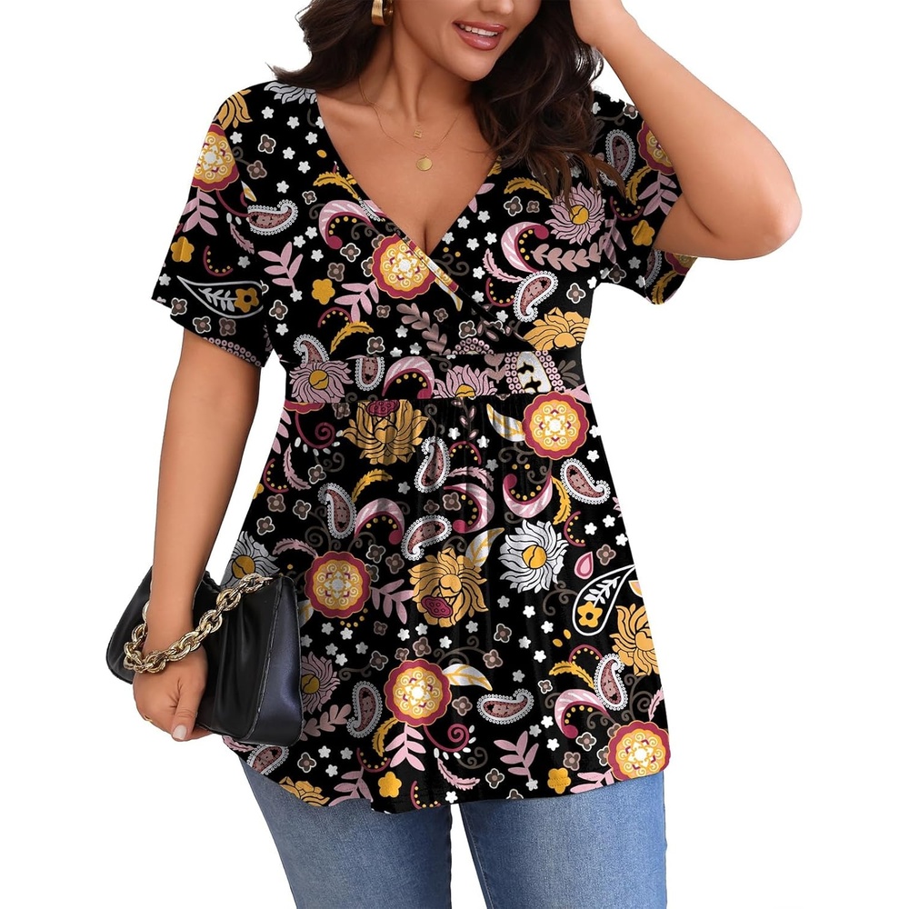 image:imagePOSESHE Womens Plus Size Tops 2026 Summer Short Sleeves Tunic Tops Casual VNeck Wrap Shirts Cute Dressy Work Blouses L4XLBlack Colorful Floral