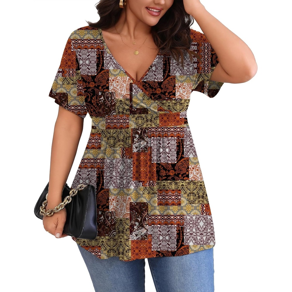 image:imagePOSESHE Womens Plus Size Tops 2026 Summer Short Sleeves Tunic Tops Casual VNeck Wrap Shirts Cute Dressy Work Blouses L4XLMix Color