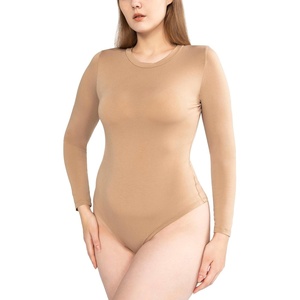 image:imagePOSESHE Plus Size Long Sleeve Bodysuit for Women Round Neck Essential Top Soft amp NonSeeThrough M5XLBeige