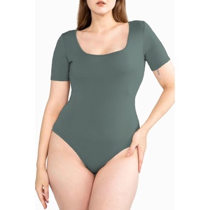 image:imagePOSESHE Womens Plus Size Short Sleeve Square Neck Tank Top Bodysuit M5XOlive Green