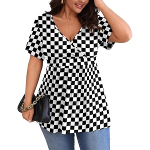 image:imagePOSESHE Womens Plus Size Tops 2026 Summer Short Sleeves Tunic Tops Casual VNeck Wrap Shirts Cute Dressy Work Blouses L4XLBlack W Grid