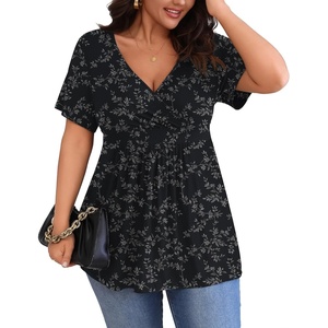 image:imagePOSESHE Womens Plus Size Tops 2026 Summer Short Sleeves Tunic Tops Casual VNeck Wrap Shirts Cute Dressy Work Blouses L4XLBlack White Floral