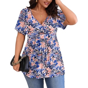 image:imagePOSESHE Womens Plus Size Tops 2026 Summer Short Sleeves Tunic Tops Casual VNeck Wrap Shirts Cute Dressy Work Blouses L4XLBlue Pink Floral