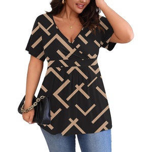 image:imagePOSESHE Womens Plus Size Tops 2026 Summer Short Sleeves Tunic Tops Casual VNeck Wrap Shirts Cute Dressy Work Blouses L4XLGeometry Black